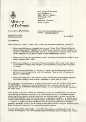 FOI2023/03345 - 请求有关 Pirbright 陆军训练中心自杀率的信息